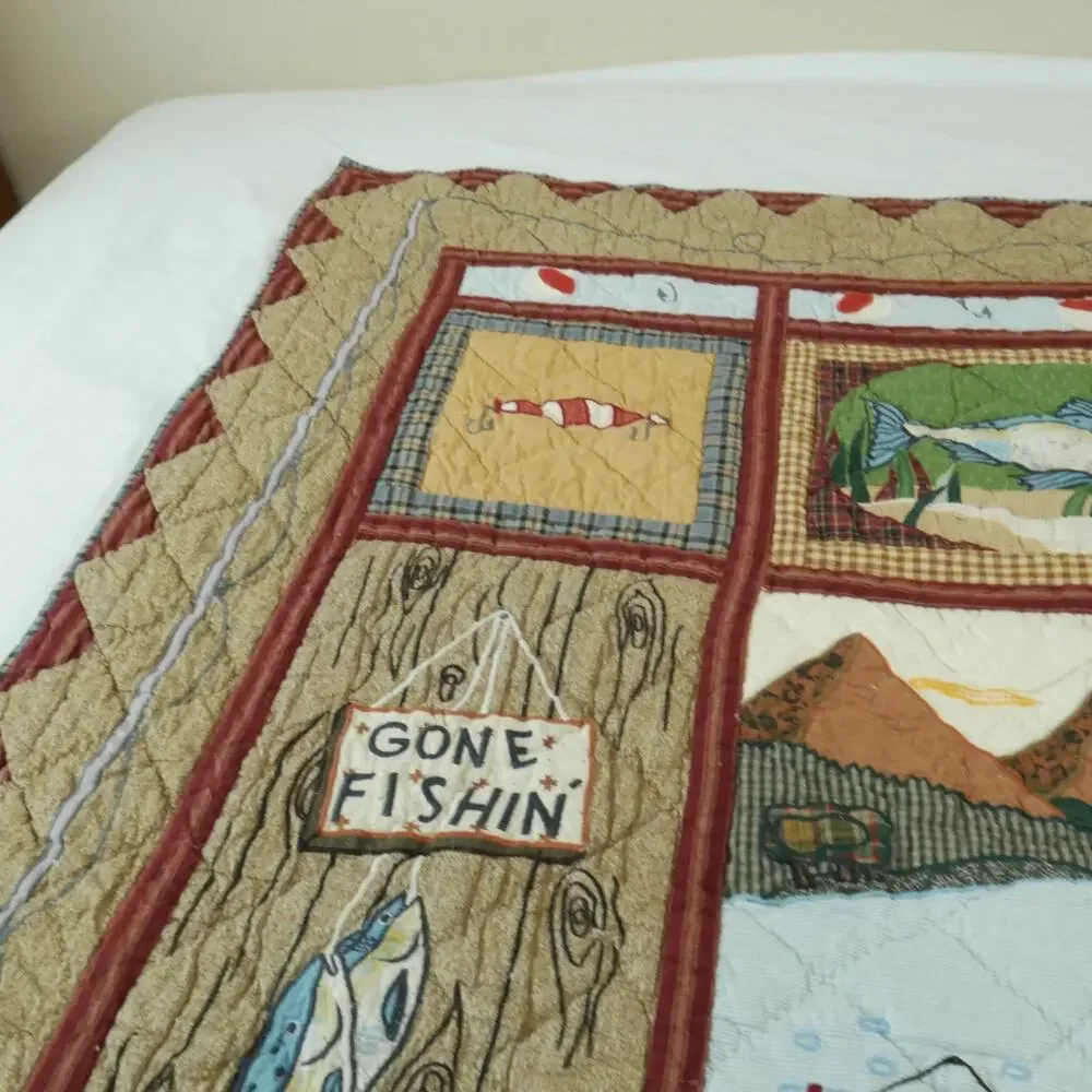Vintage Applique‎ Fishing Quilt Man Cave Cabin Outdoor Novelty Patch Magic 58x49